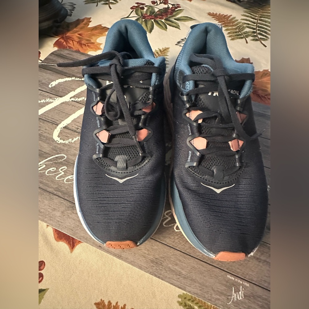 Hoka Dark Blue and Peach Athletic Shoes